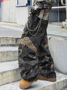 1pc Men'S Loose Black And Grey Denim Jeans |   Vintage Distressed Wash With Leopard Print Patches, Cargo Style With Multiple Panel Design, Y2K Street Hip-Hop Fashion, Available In Multiple Sizes (Belt And Additions Not Included) - Style - View 1