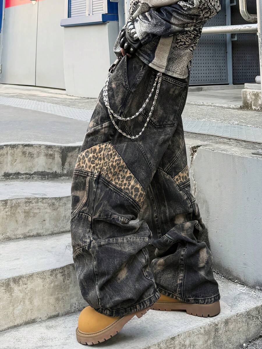 1pc Men'S Loose Black And Grey Denim Jeans | Vintage Distressed Wash With Leopard Print Patches, Cargo Style With Multiple Panel Design, Y2K Street Hip-Hop Fashion, Available In Multiple Sizes (Belt And Additions Not Included) - Style - View 1