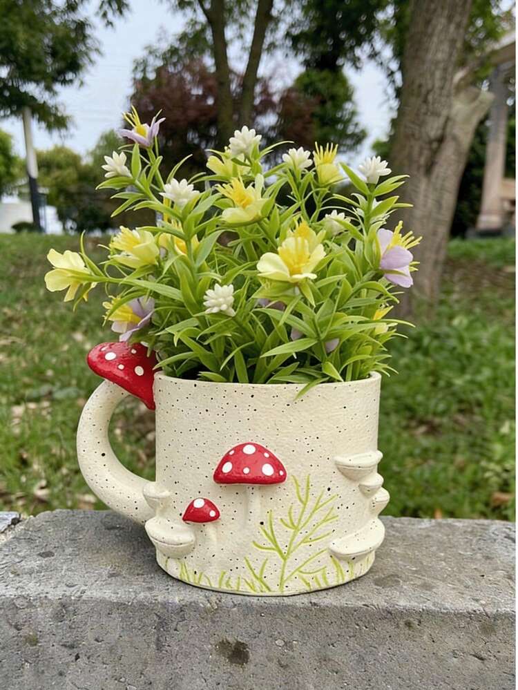 1个奇趣蘑菇花盆 - 红白波点树脂花园装饰，便携式独立植物容器，适用于室内/室外，迷人的童话设计，适合多肉植物和小盆栽 - A - 查看 4
