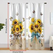 Bộ 2 rèm cửa họa tiết hoa hướng dương và bướm phối cùng họa tiết kẻ caro nâu, in phẳng 2D, thoáng sáng, thích hợp trang trí phòng khách, nhà bếp và phòng ăn, thiết kế kiểu túi treo thanh rèm, phong cách trang trí đồng quê và mộc mạc. - Nhiều màu - Xem 6