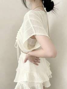 Suéter holgado de punto con mangas de murciélago y cordón ajustable para mujer - Albaricoque - Ver 8