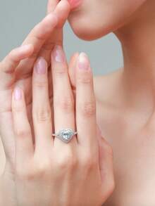 1pc 925 Sterling Silver Romantic Luxury Heart Shaped Sparkling 5A CZ Ring, Bridal Statement Jewelry - Silver - View 3