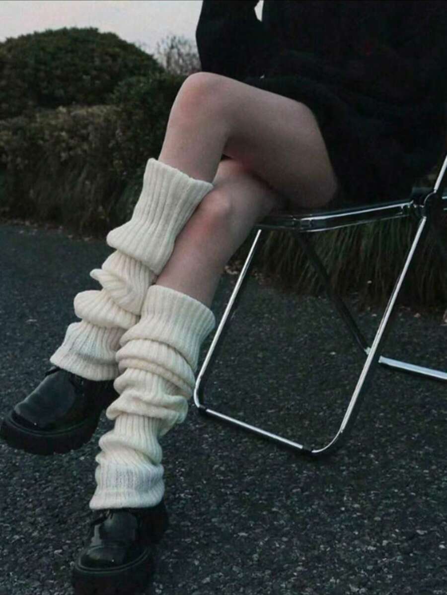 1双女士纯色竖条纹保暖装饰可爱腿套,适合春、秋、冬季穿着 - 米色 - 查看 1