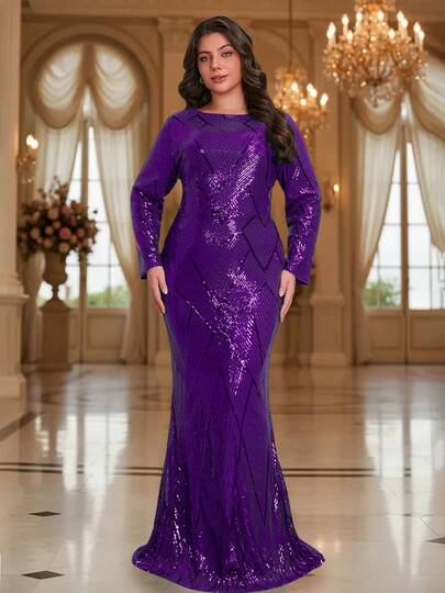 Romagic 闪亮优雅圆领晚礼服，女士优雅曳地美人鱼款正式礼服