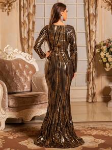 Romagic Đầm dạ hội đính kim sa vàng, cổ đứng, chất liệu chiffon, kiểu dáng trang nhã và thanh lịch theo phong cách Trung Đông dành cho phụ nữ. - Vàng - Xem 4