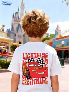 Disney Cars Lightning McQueen Print Kids T-Shirt, White Loose Crew Neck Top, Protagonist McQueen With Checkered Flag & Full LIGHTNING Letter Print On Back, Full Of Cool Racing Style, Breathable And Skin-Friendly, All-Match For Summer Outing & School, Unisex - trắng - Xem 1