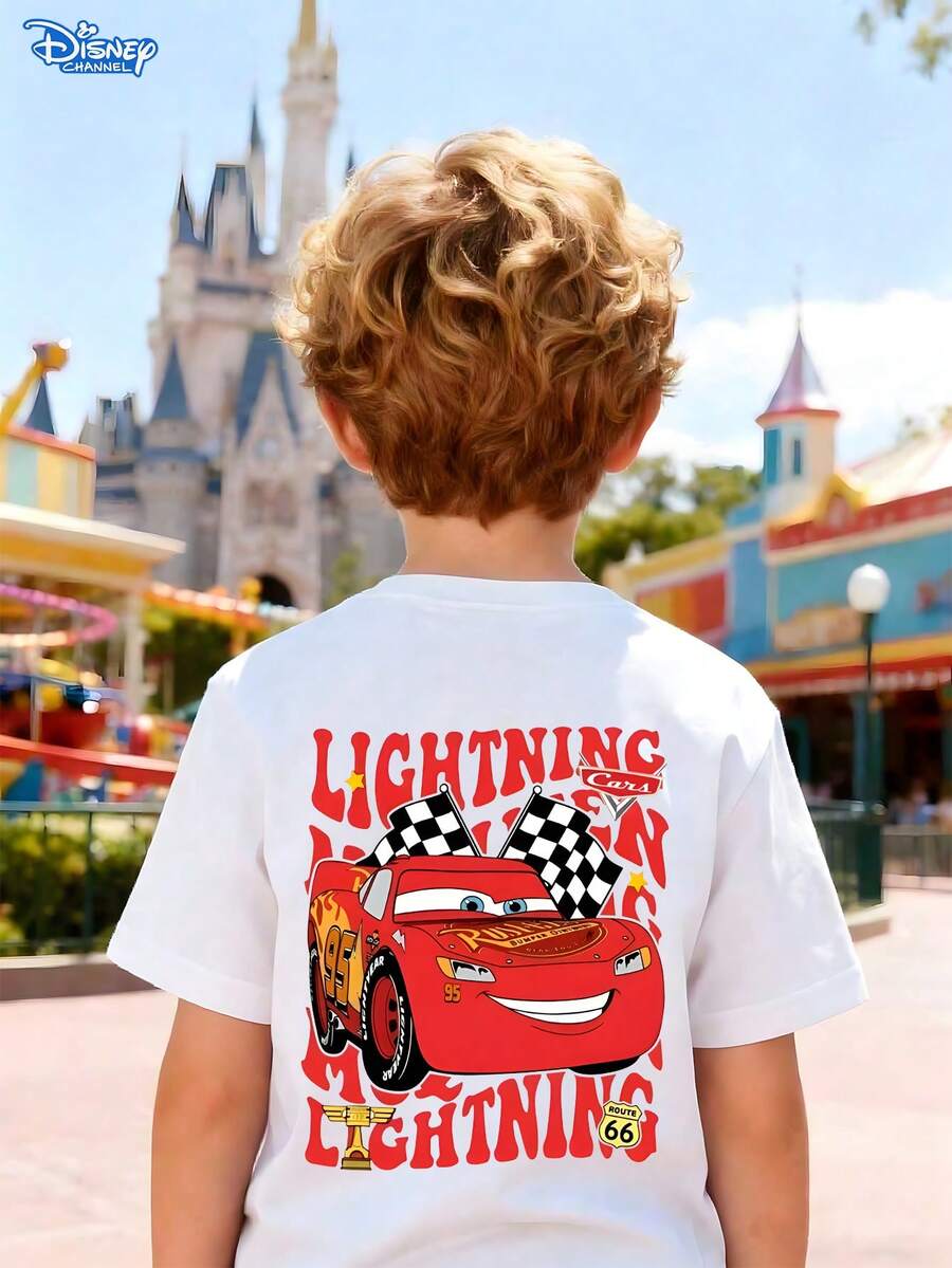 Disney Cars Lightning McQueen Print Kids T-Shirt, White Loose Crew Neck Top, Protagonist McQueen With Checkered Flag & Full LIGHTNING Letter Print On Back, Full Of Cool Racing Style, Breathable And Skin-Friendly, All-Match For Summer Outing & School, Unisex - trắng - Xem 1