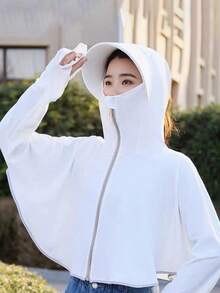 1pc Ice Silk Hooded Sunscreen Jacket, Women Summer New Breathable Riding Sun Protection Hooded Shawl Sunscreen Clothing, Beach Essentials - Multicolor - View 2