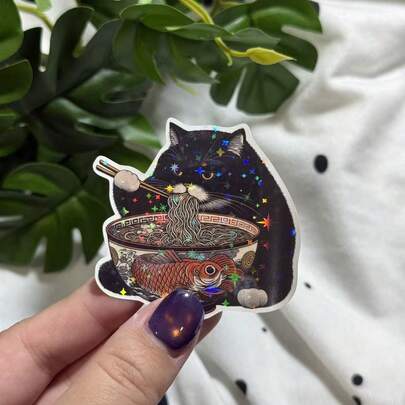 Black Cat Ramen Vinyl Sticker, Japanese Travel Sticker, Suitable For Car, Laptop, Motorcycle, Water Bottle, Luggage Tag