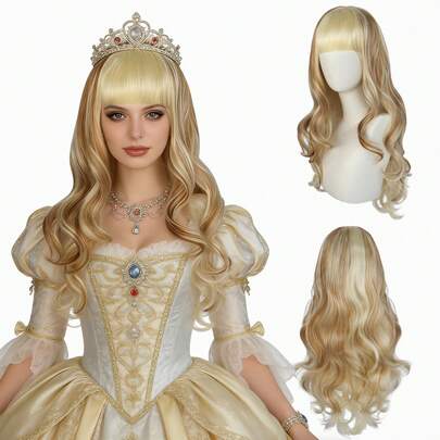 Women's Golden Highlighted Long Curly Wig With Bangs, Fluffy Voluminous Hair, Comfortable & Easy To Maintain, Ideal For Office, Music Festivals,Cosplay& Parties