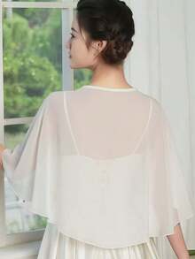 白色雪纺披肩斗篷，简约设计，适合婚礼、日常穿着、驾车、参加派对，性感公主风，饰有仿珍珠纽扣 - 白色 - 查看 2