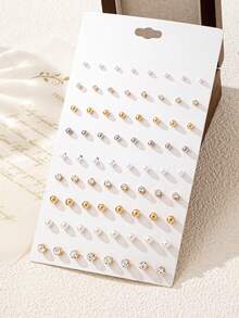 36 Pairs Pearl & CCB Rhinestone Stud Earrings Set - Multicolor - View 2