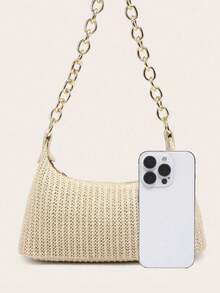 Women's Underarm Shoulder Bag, Square Metal Chain Bag, Large Capacity, Lightweight, Casual & Fashionable Beach Vacation Style, Suitable For Shopping And Vacation, Holiday - Màu be - Xem 3