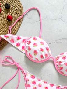 Bikinx Women's Casual Backless Sweet Fruit Print Bikini Set With Tie Back And Contrast Binding Spaghetti Strap High Stretch Cute Swimuit - Pink - View 2