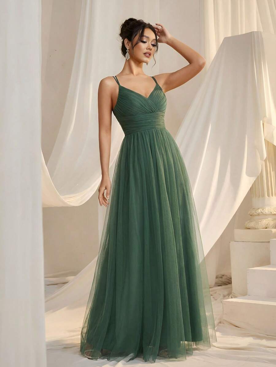 EVERPRETTY Đầm dự tiệc cưới màu xanh ô liu thanh lịch với phần lưng đan chéo và phối ren lưới, phù hợp cho đám cưới, kỳ nghỉ, sinh nhật, lễ tốt nghiệp và các dịp bán trang trọng khác, thích hợp cho khách dự tiệc cưới mùa xuân/hè.