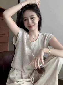 Y6Y - Áo thun ngắn tay dệt kim khoét vai thiết kế độc đáo, áo hai dây nữ mùa hè kiểu dáng thường ngày. - Màu be - Xem 7