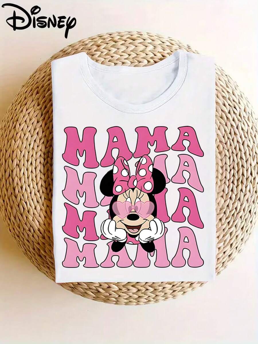 "Disney Authorized" Disney Authorized Mother's Day MAMA Minnie Mouse Pattern Printing, Women's T-Shirt Summer Comfortable Casual Short-Sleeved Shirt, Suitable For Spring And Summer Wear-Comfortable. - trắng - Xem 1