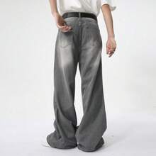 Pantalones Vaqueros Rotos y Desgastados para Hombre - Corte Recto y Extra Largo (Tocando el Suelo), Estilo Vintage Relajado Americano - Gris - Ver 4