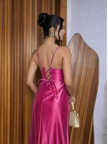 Women's Long Dress With Slit For Graduation, Party, And Bridesmaid - Rosa Fucsia - Ver 2
