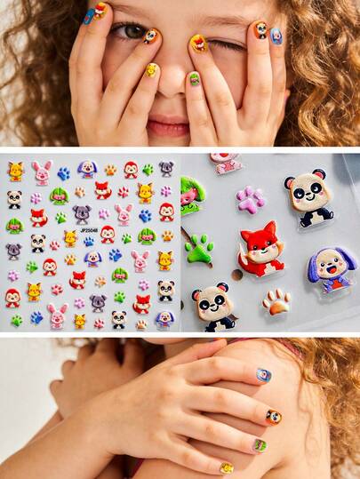 1 Sheet Kids' Cute Pet & Paw Print Nail Stickers - Featuring Soft Cute Animals Like Pandas, Rabbits, Foxes, Koalas, Paired With Colorful Paw Print Decorations, Lively Soft Cute Style, Suitable For Daily Play, Birthday Parties, Parent-Child Interaction, Easy To Apply & Remove, Perfect For Fun-Filled Kids' Nail Decor