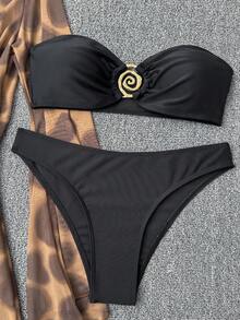 Women's Fashion Beach Outfit, Irregular Polka Dot Tie Dye Print Mesh Hollow Draped Coverup, Solid Black Bandeau Bikini Top, Metal Spiral Ring Decor 3-Piece Set, Elegant Beach Party Travel Outfit, Backless Suit For Spring/Summer Holiday - Coffee Brown - View 3