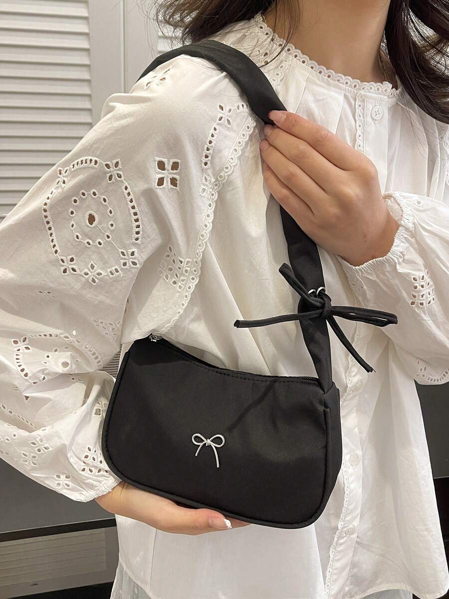 Women's Minimalist Bow Decor Crescent Shoulder Bag, Zipper Closure Solid Color, Suitable For Office/School/Commute