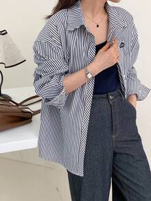 Striped Embroidery Loose Casual Versatile Long Women Shirt - Black and White - View 3
