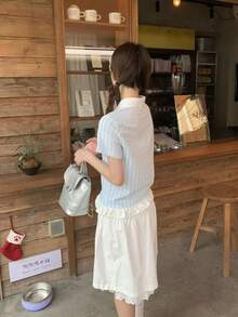 2-In-1 Polo Collar Short Sleeve Striped Patchwork Cropped Shirt For Women, Summer - Blue - View 8