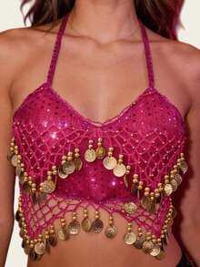 一件手工制作的女士露背吊带胸衣，饰有亮片珠串流苏系带，肚皮舞服装，露脐上衣，搭配亮片裙纱丽，灵感源自波西米亚风节日狂欢表演。适合节日、派对、夜店、海滩穿着，也可作为异域风情服饰装饰，展现波西米亚复古风情。 - 彩色 - 查看 11