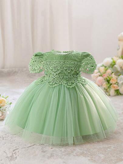 女婴牛油果绿公主薄纱连衣裙，适合派对
