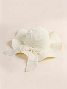 亚麻波浪边蝴蝶结女士宽檐沙滩帽，纯色简约遮阳帽 - 彩色 - 查看 18