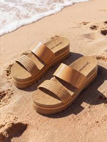 Women Vacation 1.96-Inch Platform Slides Sandals Deep Heel Cup Comfortable Arch Support Footbed Two Strap EVA Sole Beach Fashion Wedge Sandals Slippers Shoes - 杏色 - 查看 3