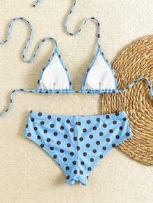 New Sexy Polka Dot Print Backless Bow Tie Bikini Set, Spaghetti Strap Summer Beach Swimwear For Pool Party - Baby Blue - View 3