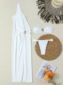 女士高弹力抹胸比基尼套装，优雅休闲性感时尚泳装 - 适合春夏婚礼、派对、度假、海滩、泳池派对、户外活动、日常穿着 - 白色 - 查看 5