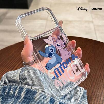 Miniso 迪士尼史迪奇和安琪儿手机壳，可爱情侣设计，甜美可爱的迪士尼配件，适用于iPhone 17/17 Pro/17 Pro Max/17 Air/16/15/14/13/12/11/X系列，透明太空印花手机壳