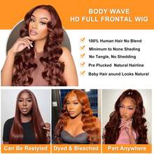 bling hair Perruque lace front brun-roux 13x6 13x4 ondulée, en cheveux humains naturels, pré-épilée avec baby hairs, couleur 33#, teinte rouge, densité 180 pour femme - S33 - Voir 6