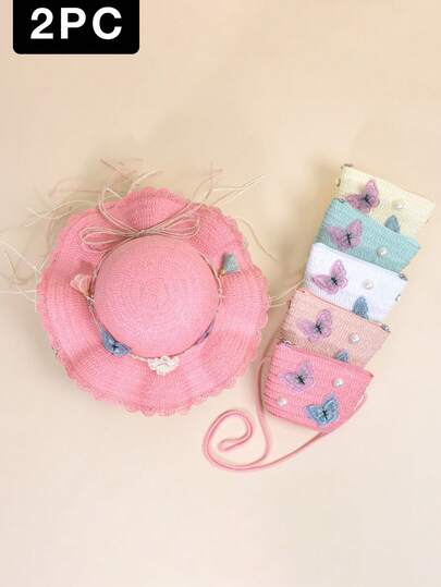 2pcs Girls' Butterfly & Floral Woven Hat And Crossbody Bag Set, Breathable Sun-Protective Lightweight Bucket Hat, Portable Sun Hat With Wind Cord, Suitable For Children Outdoor Vacation, Summer Beach Party, King's Day, Ideal Gift For Kids