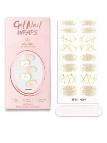 16pcs Elegant Milky White Gold Foil Plaid Nail Stickers, Glossy Finish, Versatile & Fashionable, Durable, Requires UV Lamp, Suitable For Women/Girls Daily, Business, Dates, Parties, Weddings, DIY, Great Gift - Gold - View 7