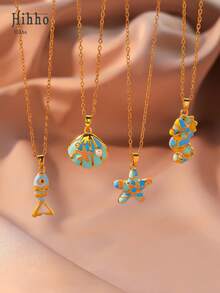 Hihho 1件海洋生物吊坠项链，波西米亚海滩风饰品，饰有珐琅涂层鱼、贝壳、海星、海马吊坠，并镶嵌闪亮锆石，搭配18K钛钢项链，节日礼物 - 金色 - 查看 8