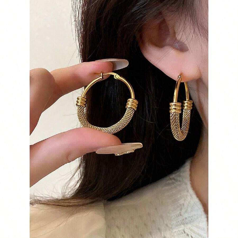1pair Vintage Stainless Steel Round Hoop Earrings For Women With Geometric Metal Pendant, Fashion Jewelry Gift - Gold - View 1