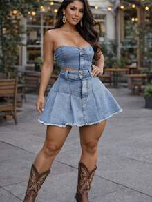 Falda short tableada de mezclilla ajustable denim sexy casual - Azul menta - Ver 1