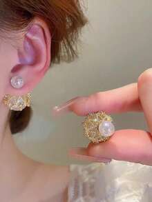 1 Pair Women Pearl & Zirconia Ball Front & Back Earrings - Yellow Gold - View 1