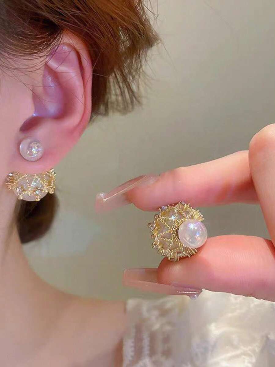 1 Pair Women Pearl & Zirconia Ball Front & Back Earrings - Yellow Gold - View 1