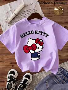 SANRIO Hello Kitty  Pattern Design, Street Hip-Hop Casual Style, Summer Round Neck Short Sleeved, Suitable For Outdoor Activities And Casual Wear - Màu tím hoa cà - Xem 2