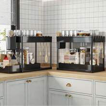 Pull-Out 2-Tier Sliding Storage Rack Under Sink, L-Shaped Bathroom Kitchen Cabinet Drawer Organizer, Multi-Function Sink Storage Rack, Suitable For Bathroom Kitchen Drawers, Space-Saving Organizer, Durable Large Capacity Drawer, Suitable For Kitchen And Bathroom Items, Mixed Color Plastic Material - Black - View 5