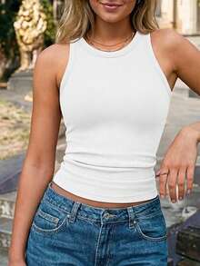 Camisetas de tirantes con sujetador incorporado para mujeres, sin mangas, con soporte de sujetador de estante, espalda de tirantes, acanaladas y ajustadas, camisetas largas de camiseta interior - Blanco - Ver 2