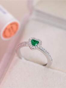 CVNANA 1pc Sweet Heart Cubic Zirconia Silver Ring Jewelry Gift For Women No Box - 深綠色 - 查看 1