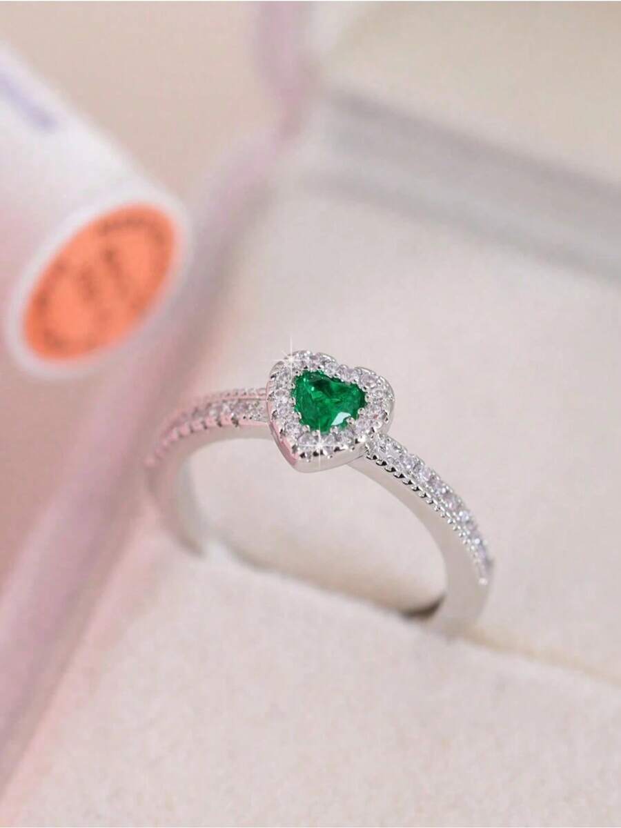 CVNANA 1pc Sweet Heart Cubic Zirconia Silver Ring Jewelry Gift For Women No Box - 深綠色 - 查看 1