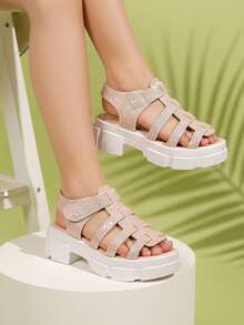 女童夏季新款闪亮爱心复古厚底罗马凉鞋，粉色，柔软舒适，魔术贴设计方便穿脱，厚底弹性纹理设计，行走舒适，轻便透气，适合4-15岁男孩女孩，户外、度假、海滩穿着 - 粉色 - 查看 4