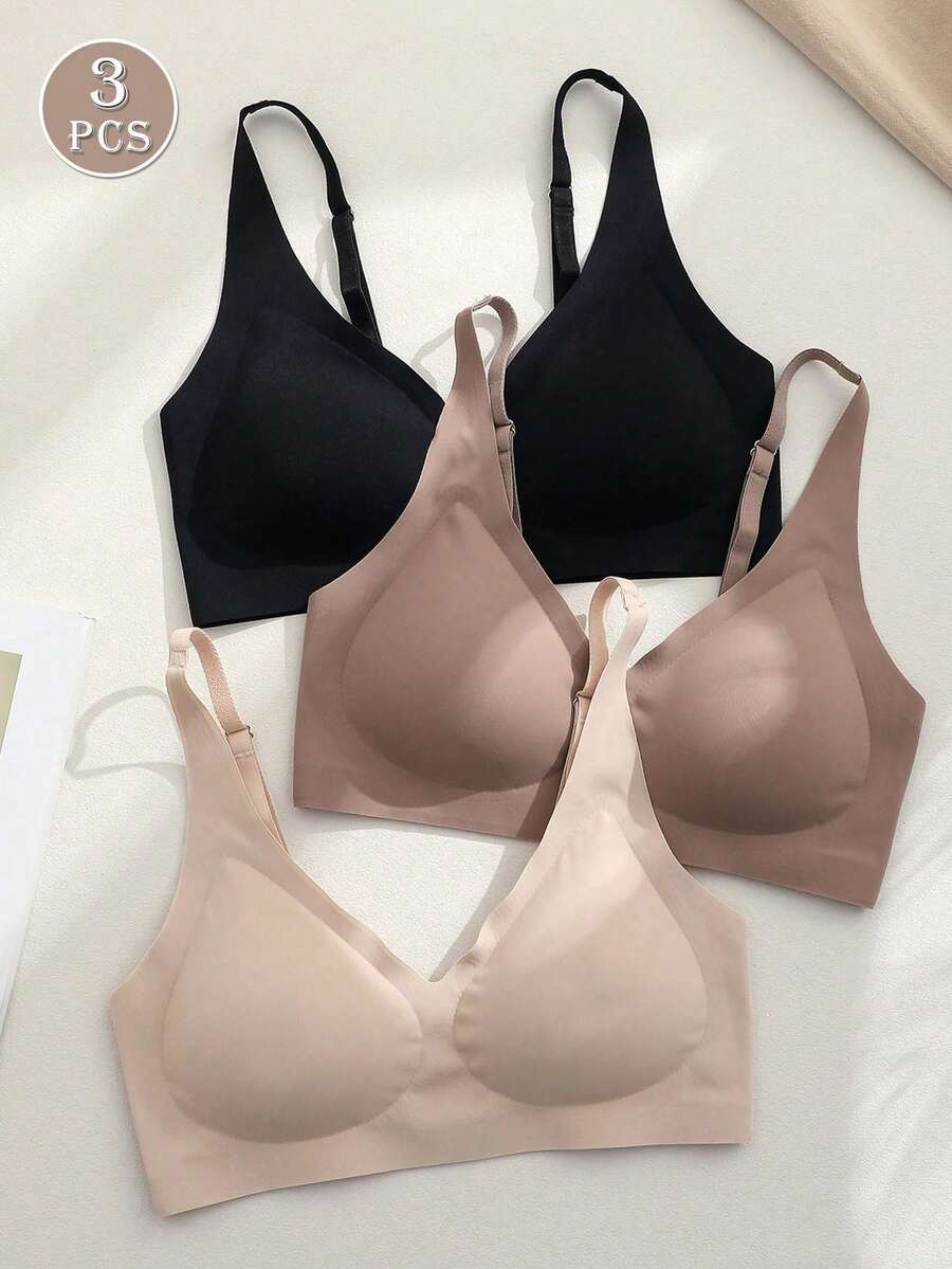 Bộ 3 áo ngực nữ màu trơn, dây đeo điều chỉnh được, kiểu dáng thường ngày. - Nhiều màu - Xem 1